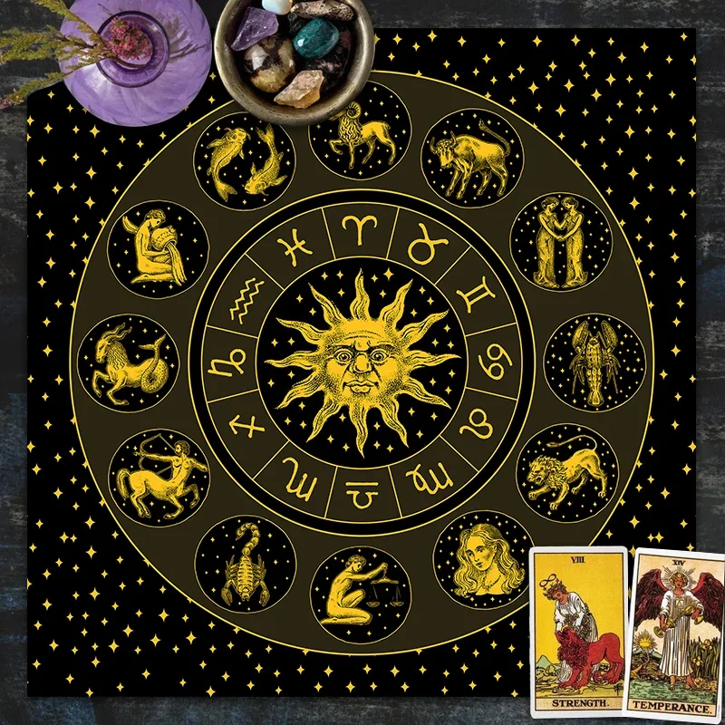 Zodiac Party Games - ผ้ากำมะหยี่ลายดวงอาทิตย์สีทองสำหรับทำไพ่ทาโรต์ ผ้าปูพื้นสำหรับทำนายดวงชะตา ผ้าโพลีเอสเตอร์พิมพ์ลายตกแต่งบ้าน ผ้าปูแท่นบูชา