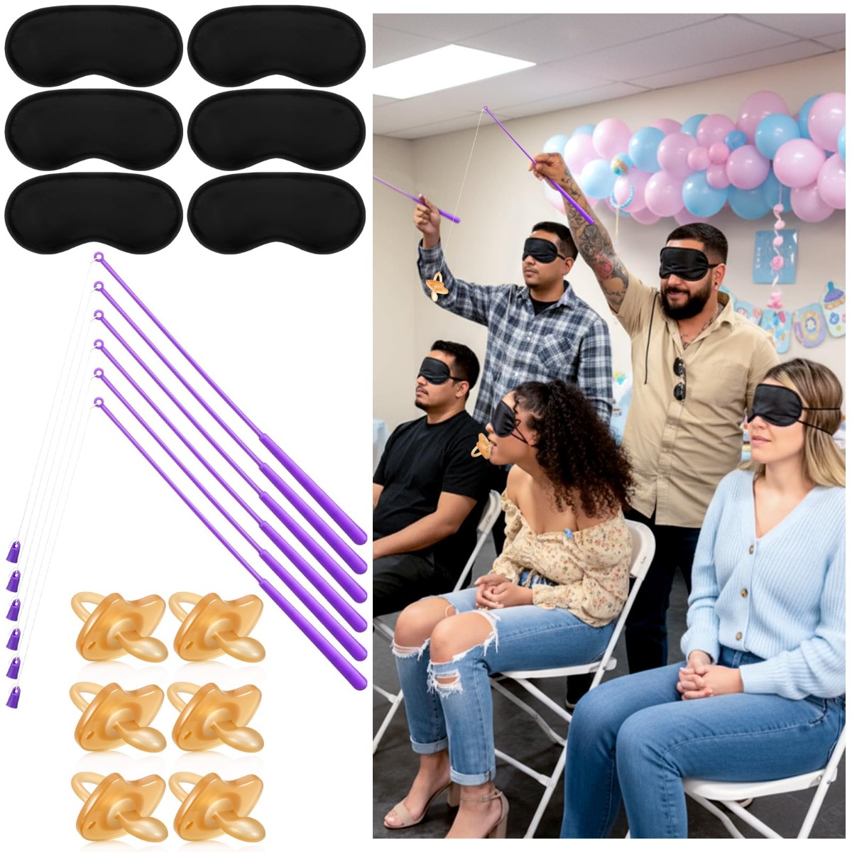 Party Games Bridal Shower - ชุดเกมงานเลี้ยงฉลองทารก 18 ชิ้น, เกมตกปลาหาจุกนมหลอก, เกมปิดตาให้อาหาร, เกมงานเลี้ยงฉลองทารกแสนสนุก,
