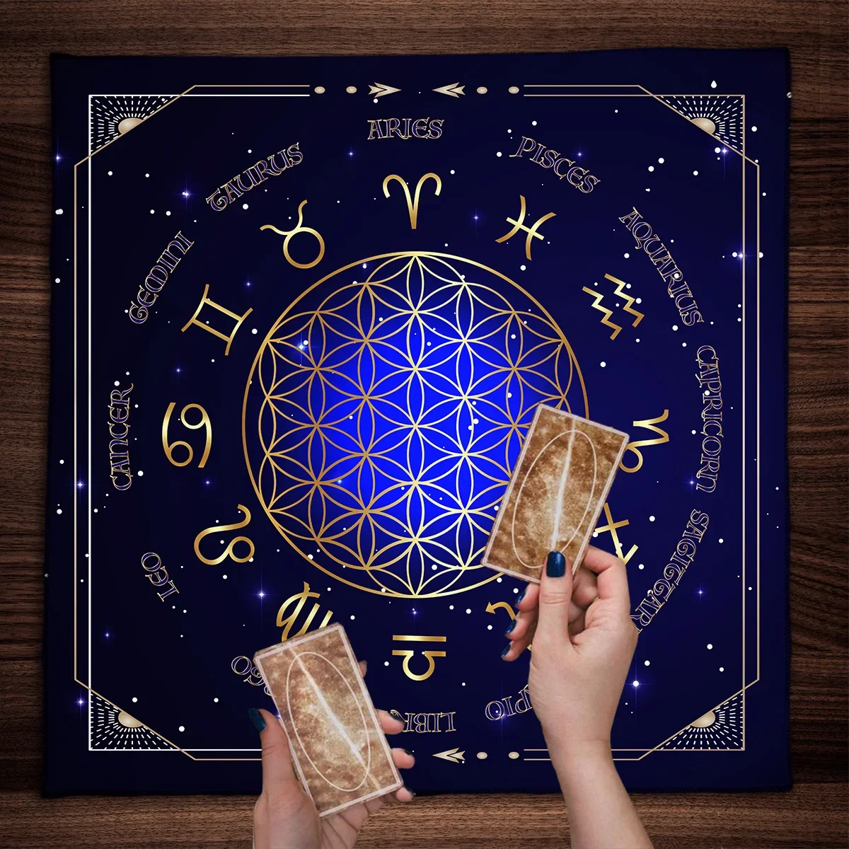 Zodiac Party Games - ไพ่ทาโรต์วงล้อแห่งจักรราศีผ้าปูโต๊ะสำหรับแท่นบูชามันดาลาแผ่นไพ่ทาโรต์การทำนายโชคชะตาบอร์ดโปสเตอร์ศิลปะตกแต่งเกม