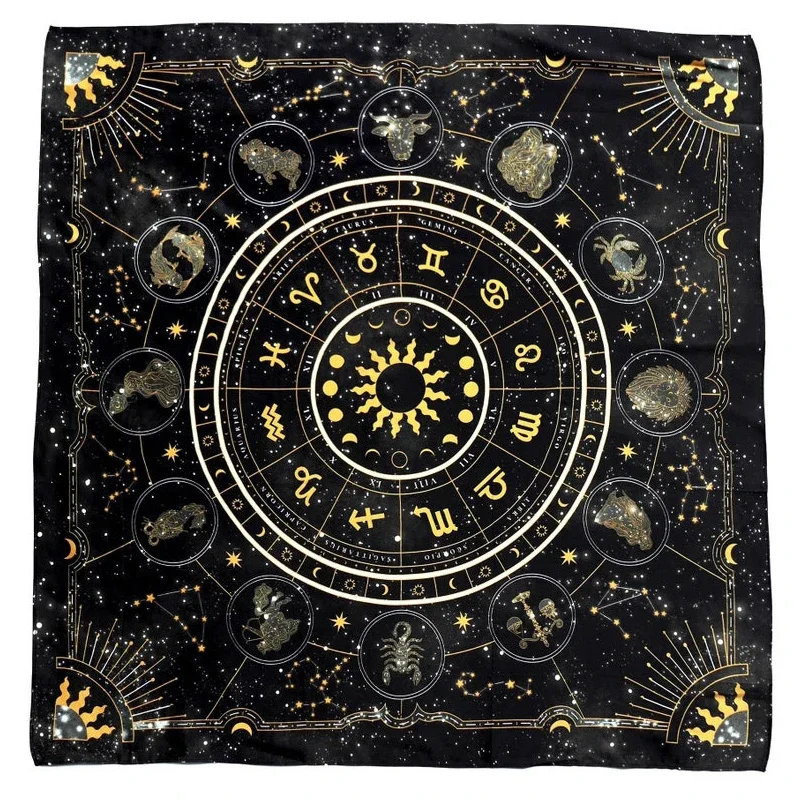 Zodiac Party Games - ผ้าทาโรต์ลายวงล้อจักรราศี ผ้ากำมะหยี่สำหรับทำนายดวงชะตา แผ่นรองเล่นเกม โพลีเอสเตอร์พิมพ์ลาย ของตกแต่งบ้าน ผ้าปูแท่นบูชาโยคะ