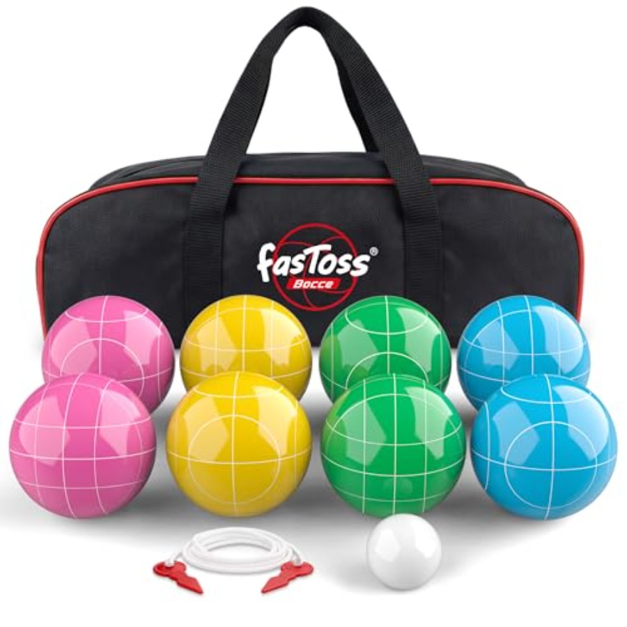 Bocce Ball Lawn - ชุดลูกบอลโบเช่สำหรับสนามหญ้าและชายหาด: ลูกบอลเรซินแข็ง, หลากสี, ประกอบด้วยลูกบอลพาลลิโน, เชือกวัดระยะ, กระเป๋าสำหรับพกพา