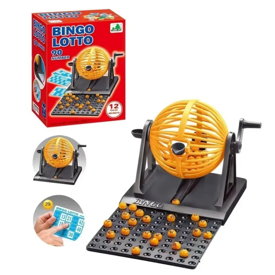 Party Games Juegos De Mesa - ชุดเกมบิงโกดีลักซ์พร้อมกรง เครื่องจ่ายลูกบิงโก ชิปขนาดเล็ก เหมาะสำหรับงานปาร์ตี้ครอบครัว เกมบิงโกบนโต๊ะ