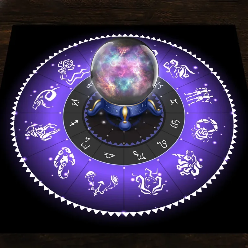 Zodiac Party Games - ผ้าทาโรต์สีม่วง ลายวงล้อจักรราศี ผ้ากำมะหยี่ แผ่นรองเล่นเกมทำนายดวงชะตา ผ้าโพลีเอสเตอร์พิมพ์ลาย ของตกแต่งบ้าน